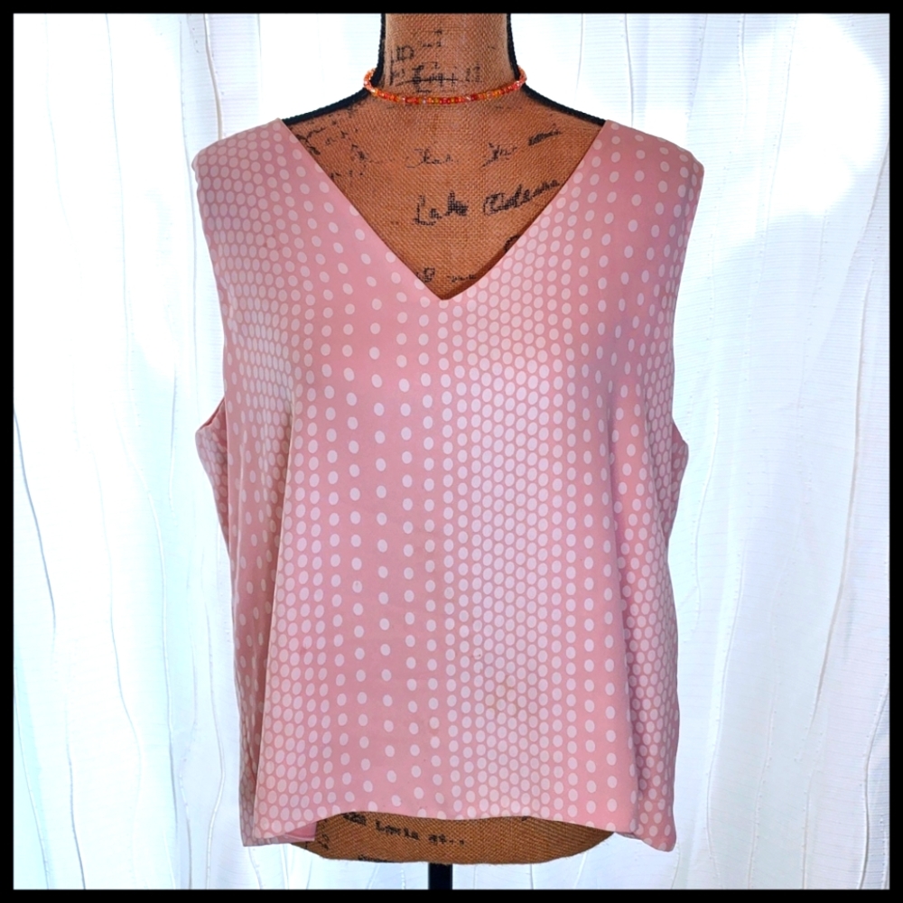CLOSET CLOSING ~~ Tahari V-neck  Polk Dot Blouse in Pink and White, Size XL